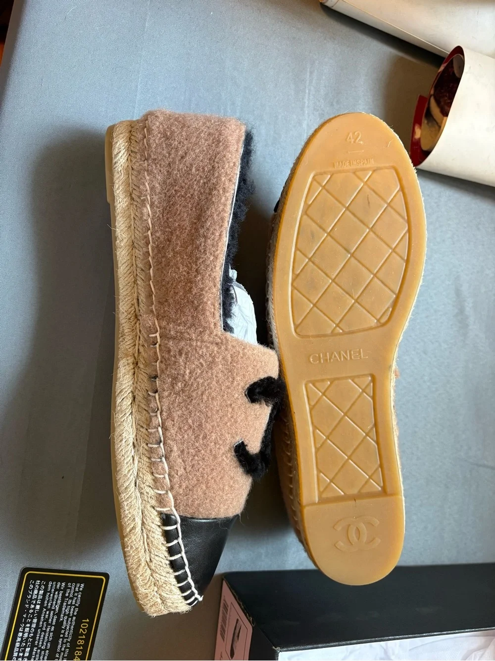 CHANEL NIB Brown Wool Slip-On Espadrille with Black Logo and Leather Toe